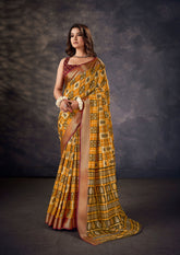 Luxurious Yellow Silk  Intricate Block Print Saree